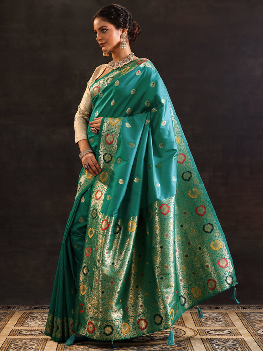 Green Woven Design Silk Blend Saree With Unstitched Blouse Piece
