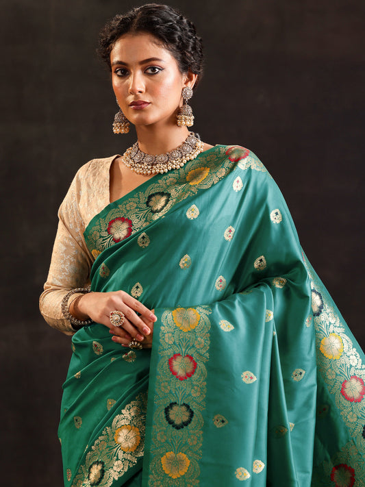 Green Woven Design Silk Blend Saree With Unstitched Blouse Piece