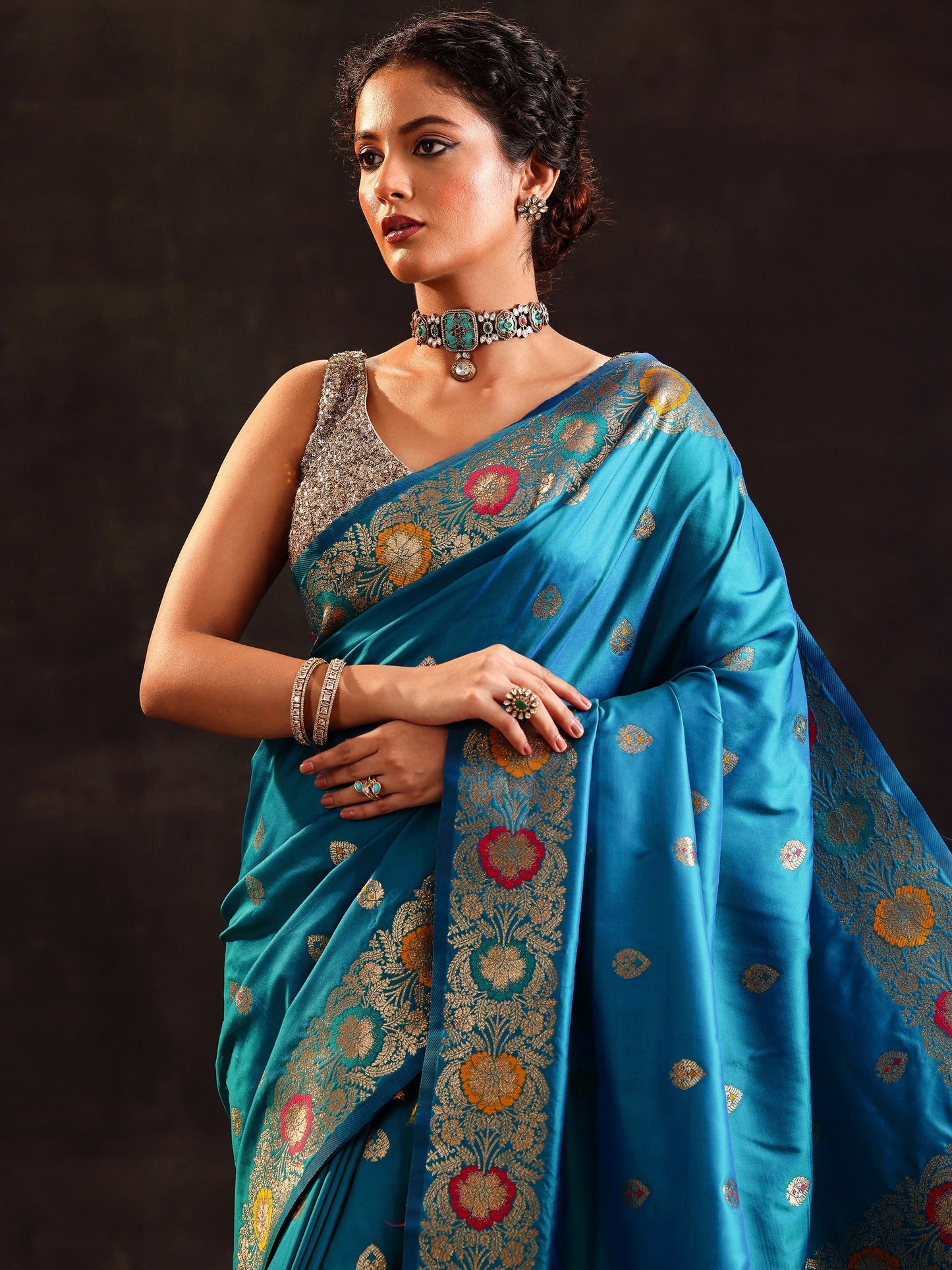 Blue Woven Design Silk Blend Saree With Unstitched Blouse Piece