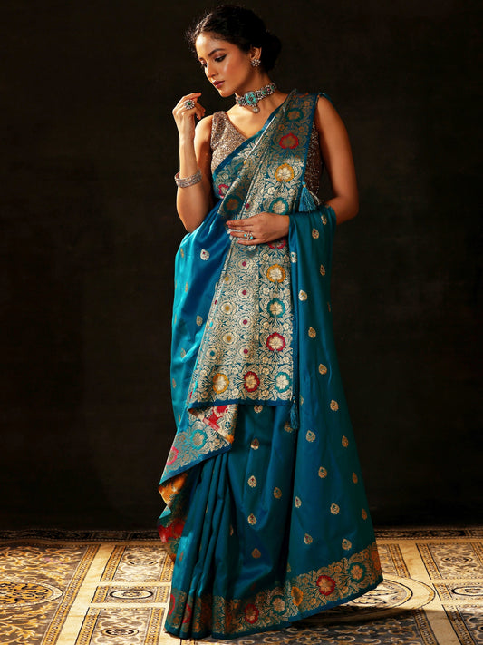 Blue Woven Design Silk Blend Saree With Unstitched Blouse Piece
