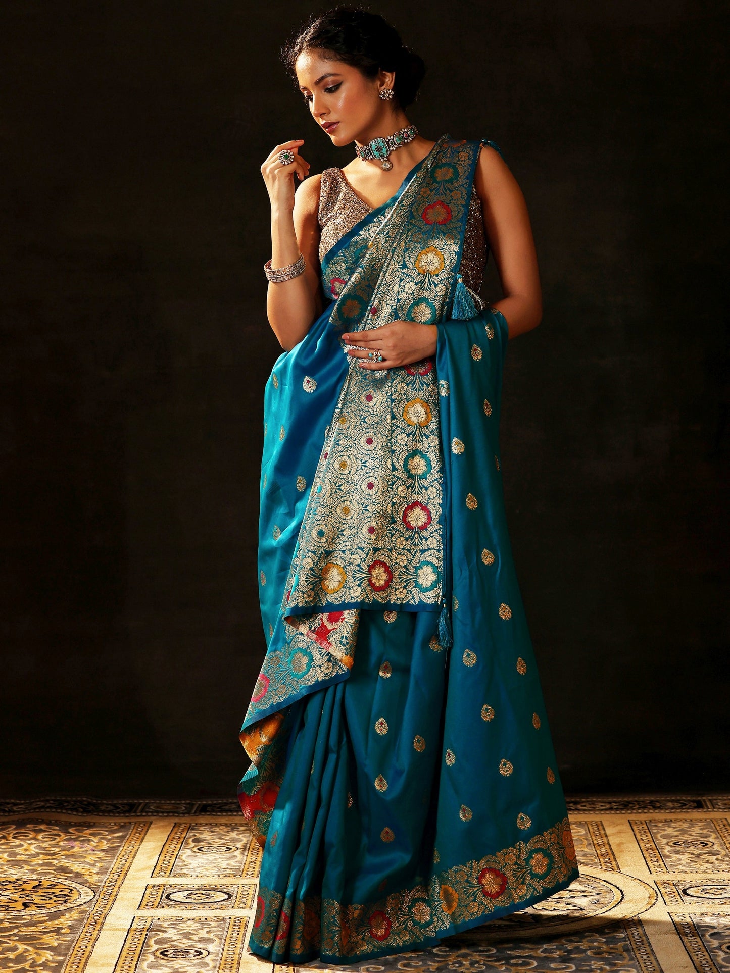 Blue Woven Design Silk Blend Saree With Unstitched Blouse Piece