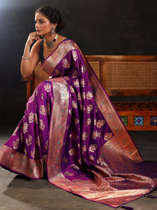Purple Woven Design Silk Blend Saree With Unstitched Blouse Piece