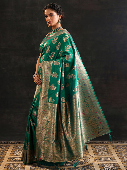 Green Woven Design Silk Blend Saree With Unstitched Blouse Piece
