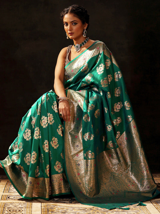 Green Woven Design Silk Blend Saree With Unstitched Blouse Piece