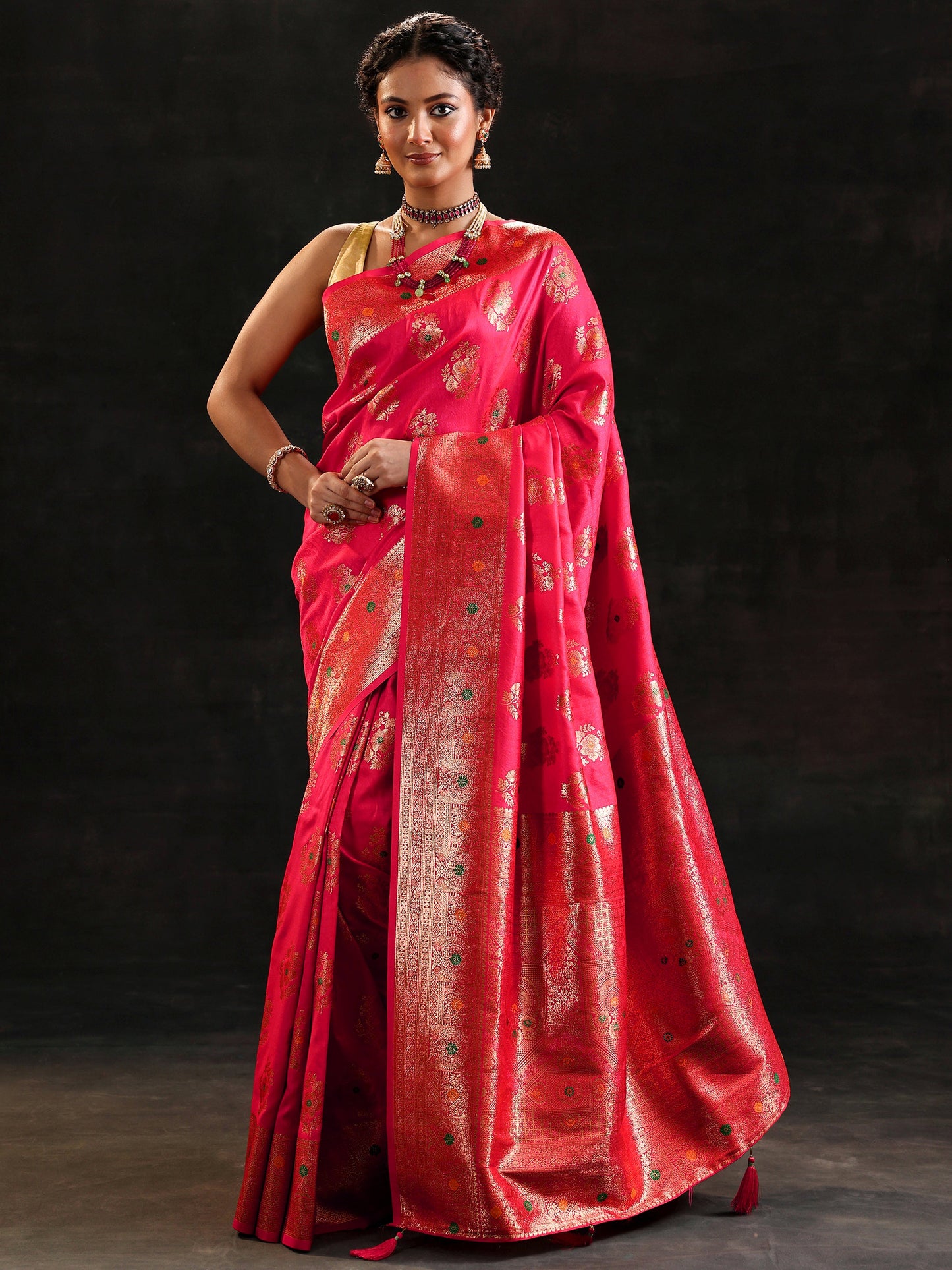 Pink Woven Design Banarasi Silk Blend Saree With Unstitched Blouse Piece