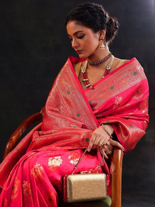 Pink Woven Design Banarasi Silk Blend Saree With Unstitched Blouse Piece