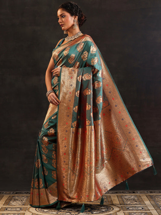 Green Woven Design Banarasi Silk Blend Saree With Unstitched Blouse Piece