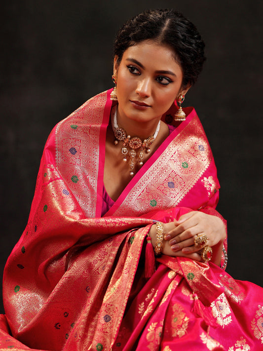 Pink Woven Design Silk Blend Saree With Unstitched Blouse Piece
