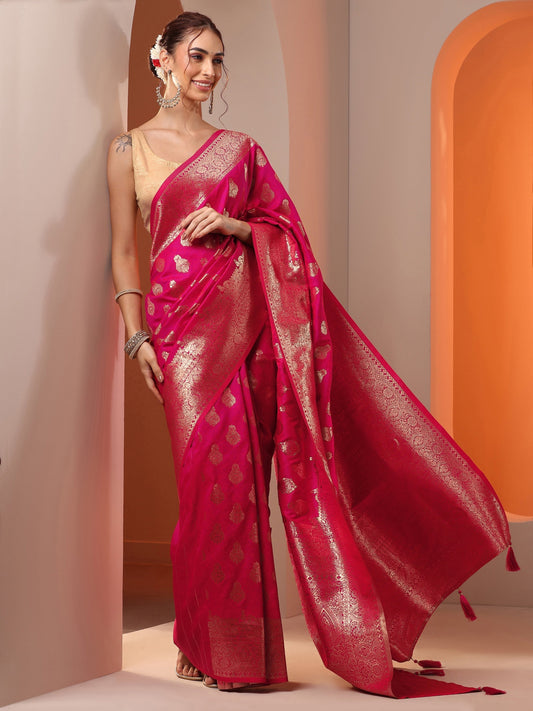 Pink Woven Design Silk Blend Saree With Unstitched Blouse Piece