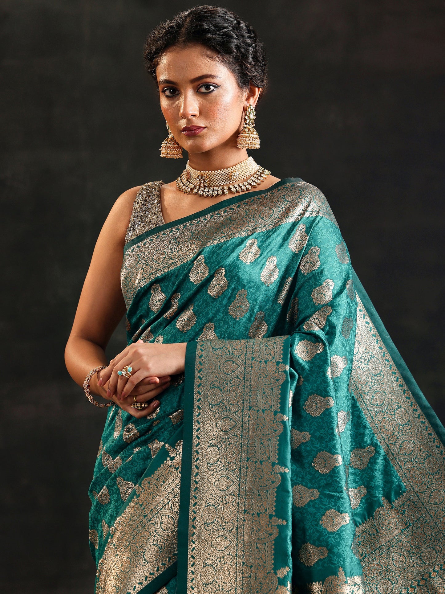 Teal Woven Design Silk Blend Saree With Unstitched Blouse Piece