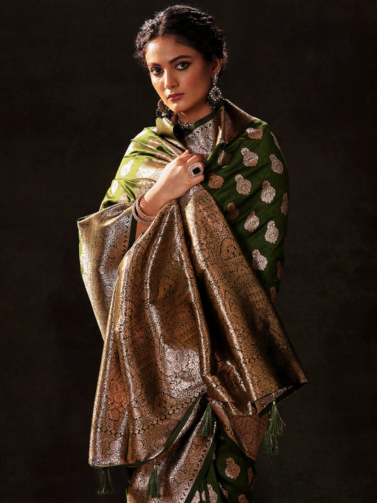 Green Woven Design Silk Blend Saree With Unstitched Blouse Piece