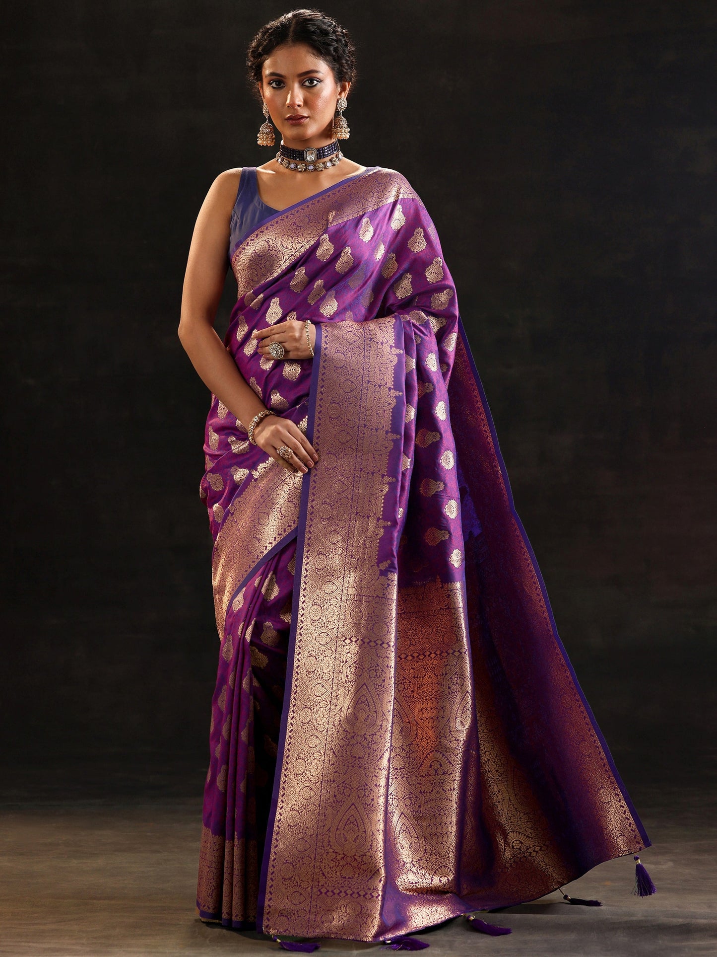 Purple Woven Design Silk Blend Saree With Unstitched Blouse Piece