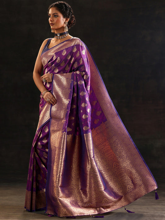 Purple Woven Design Silk Blend Saree With Unstitched Blouse Piece