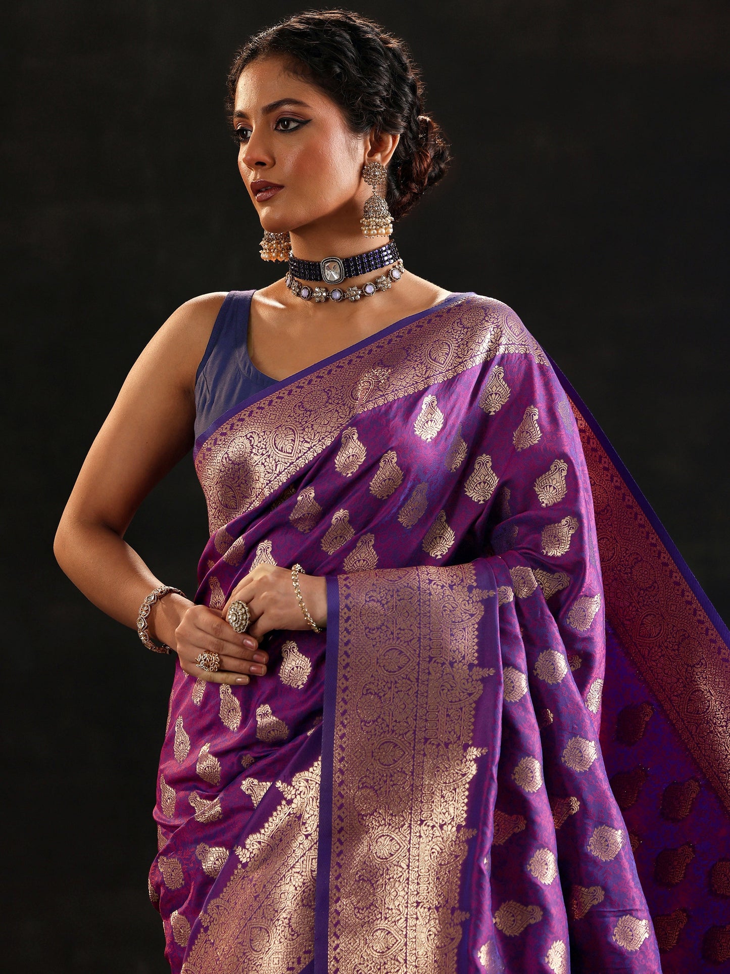Purple Woven Design Silk Blend Saree With Unstitched Blouse Piece