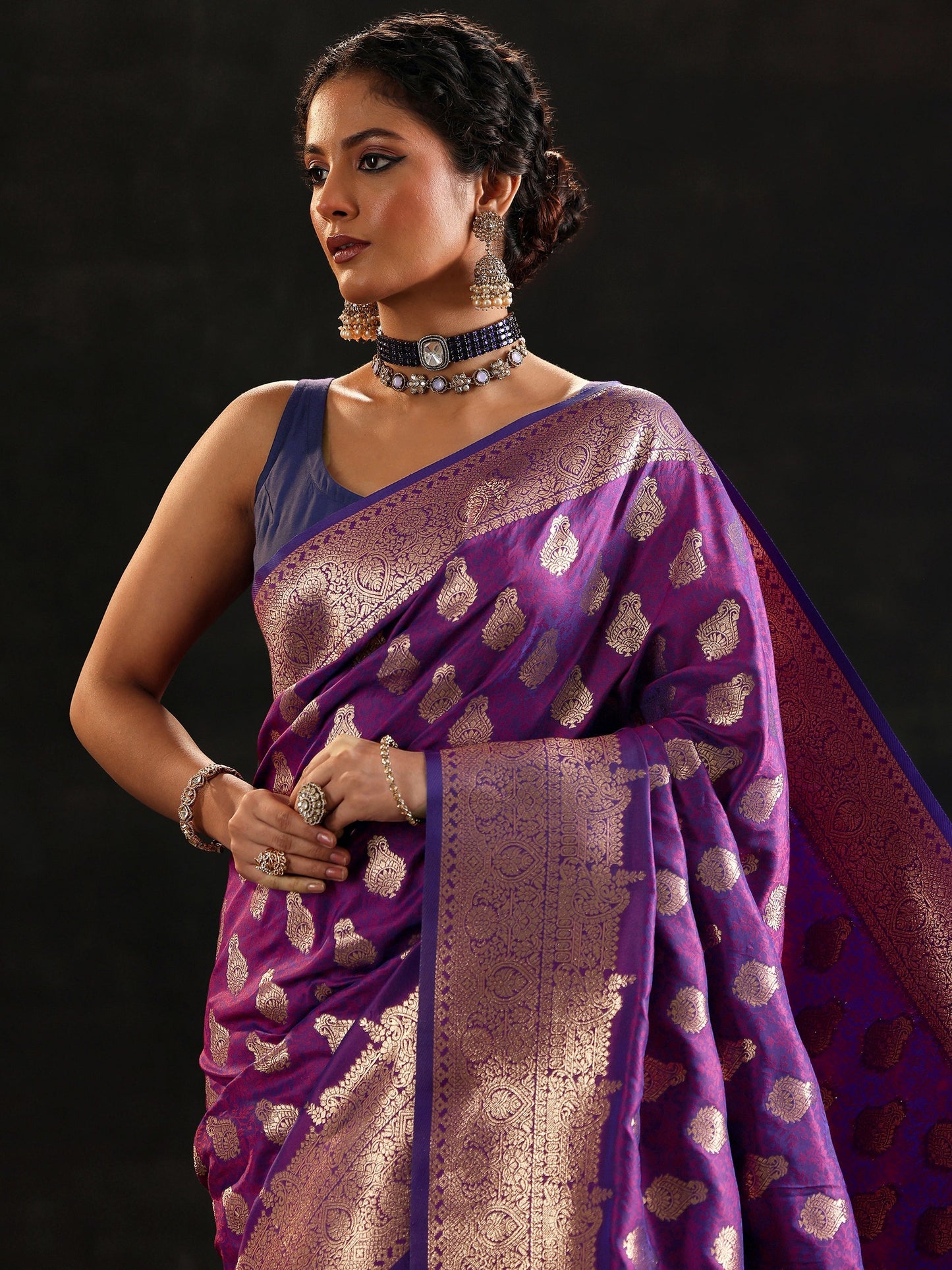 Purple Woven Design Silk Blend Saree With Unstitched Blouse Piece
