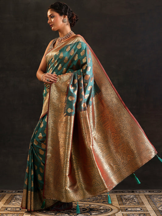 Green Woven Design Silk Blend Saree With Unstitched Blouse Piece