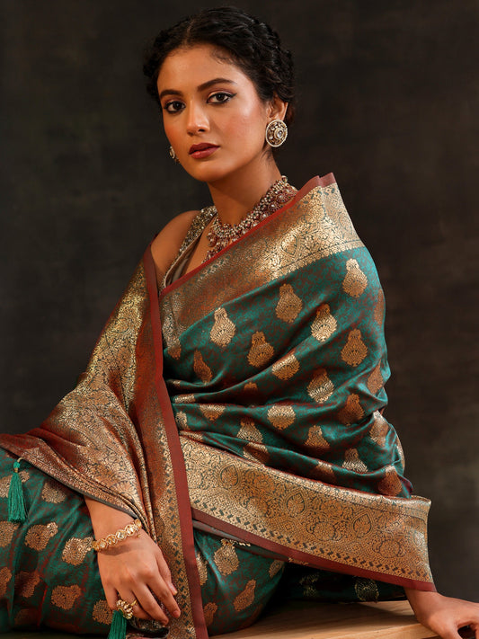 Green Woven Design Silk Blend Saree With Unstitched Blouse Piece