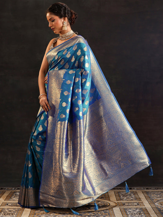 Blue Woven Design Silk Blend Saree With Unstitched Blouse Piece
