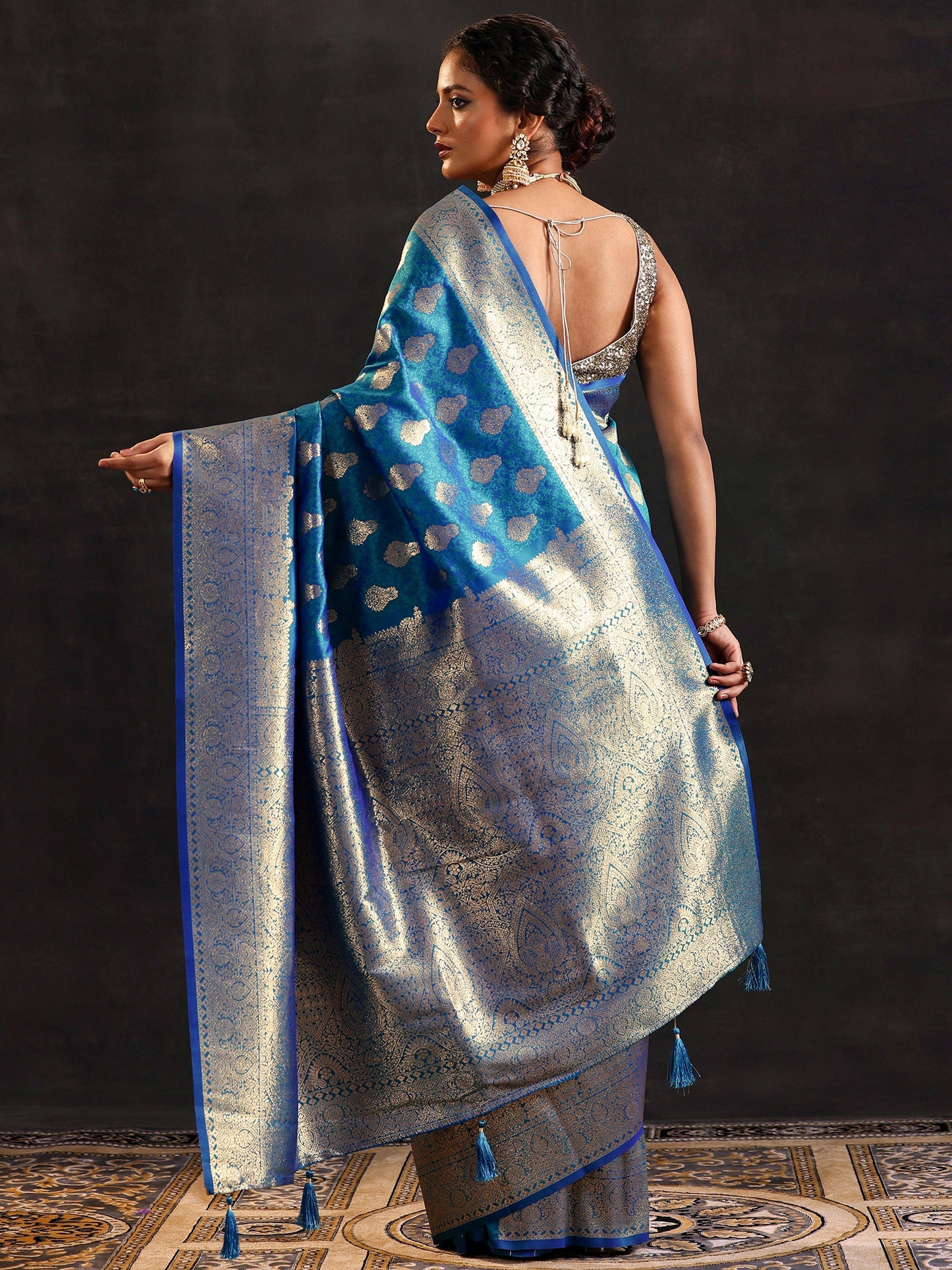 Blue Woven Design Silk Blend Saree With Unstitched Blouse Piece