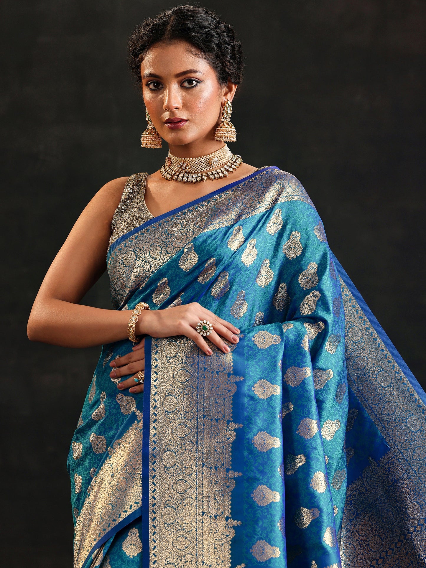 Blue Woven Design Silk Blend Saree With Unstitched Blouse Piece