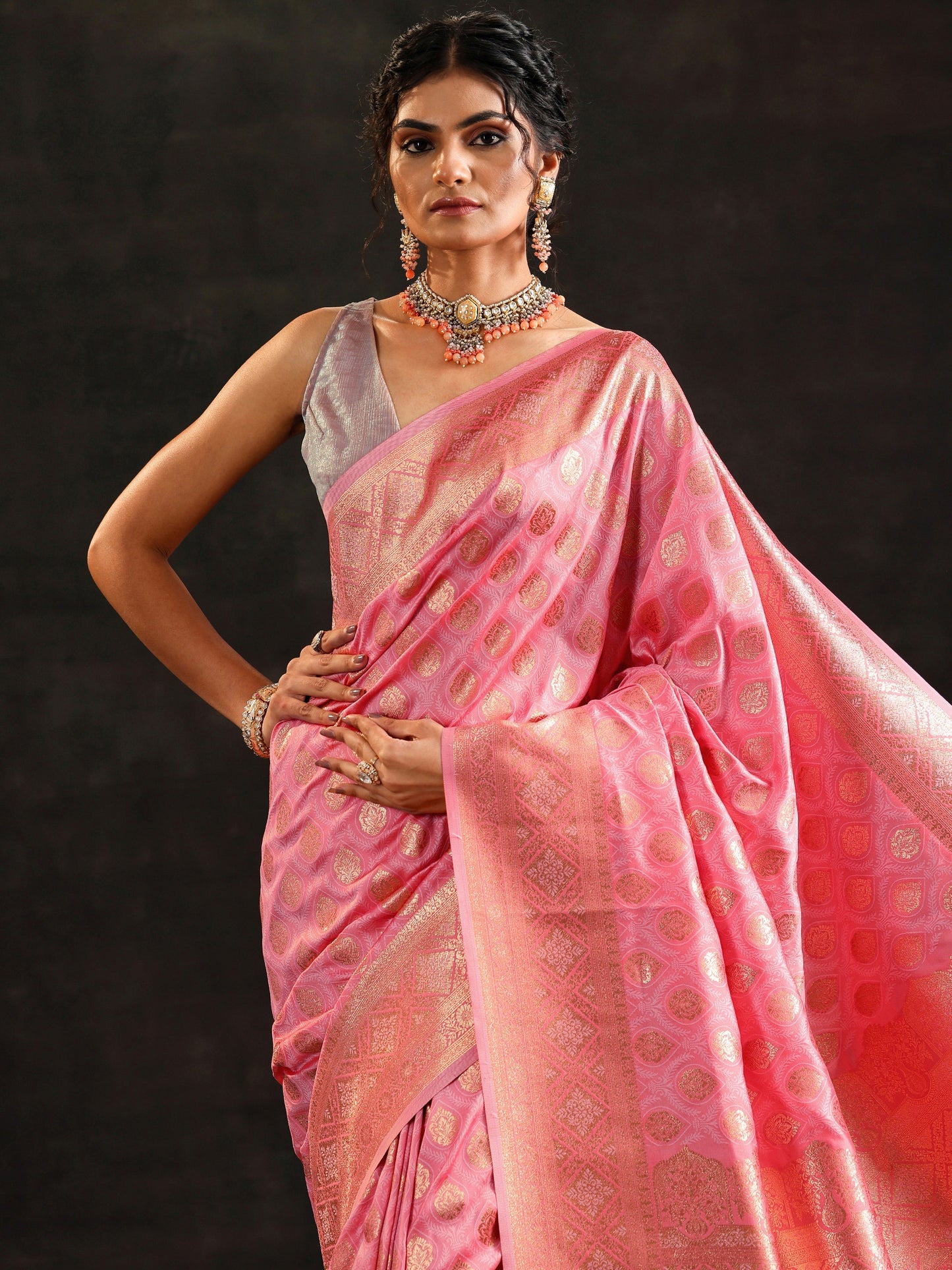 Pink Woven Design Silk Blend Saree With Unstitched Blouse Piece