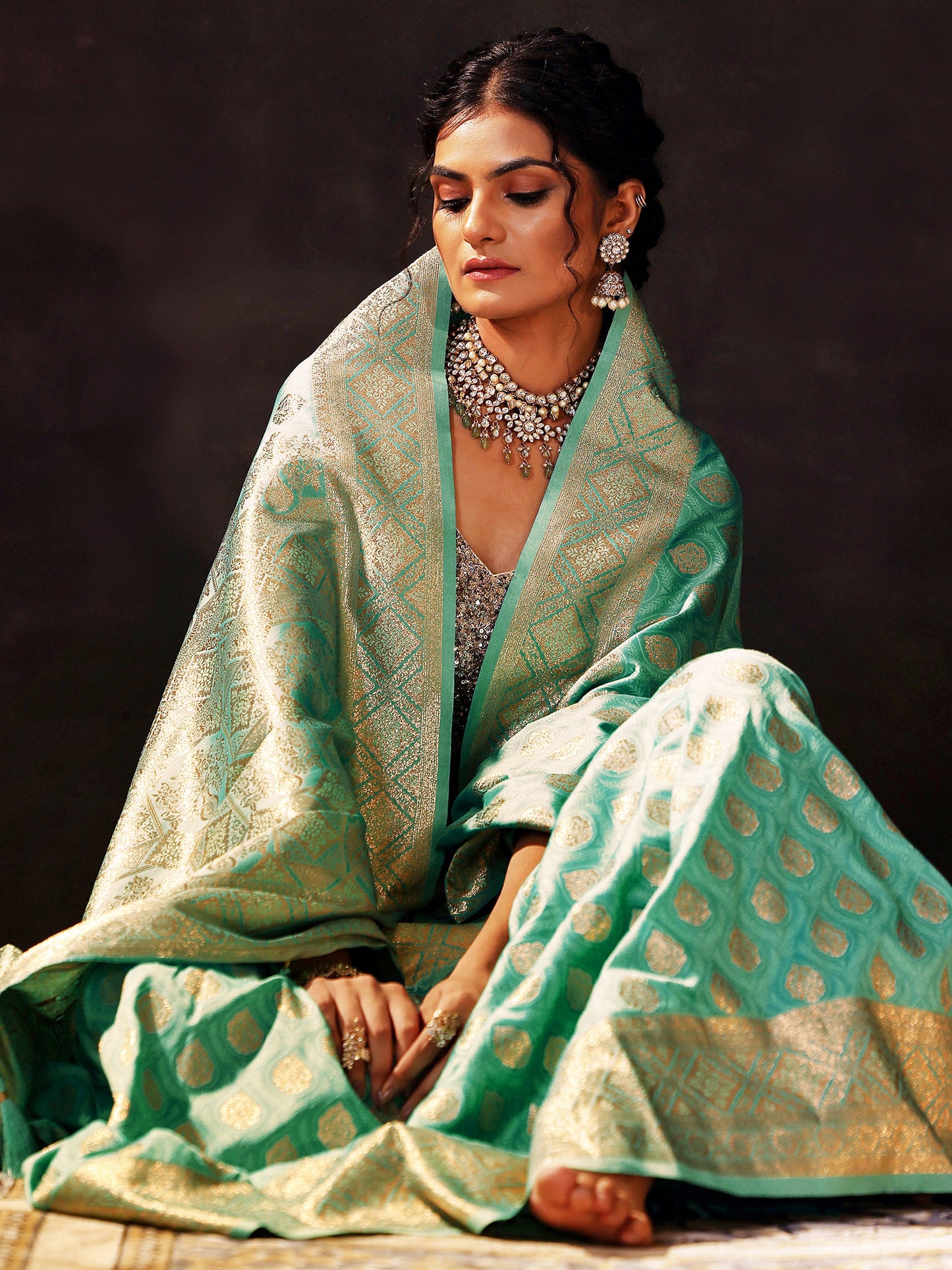 Sea Green Woven Design Silk Blend Saree With Unstitched Blouse Piece