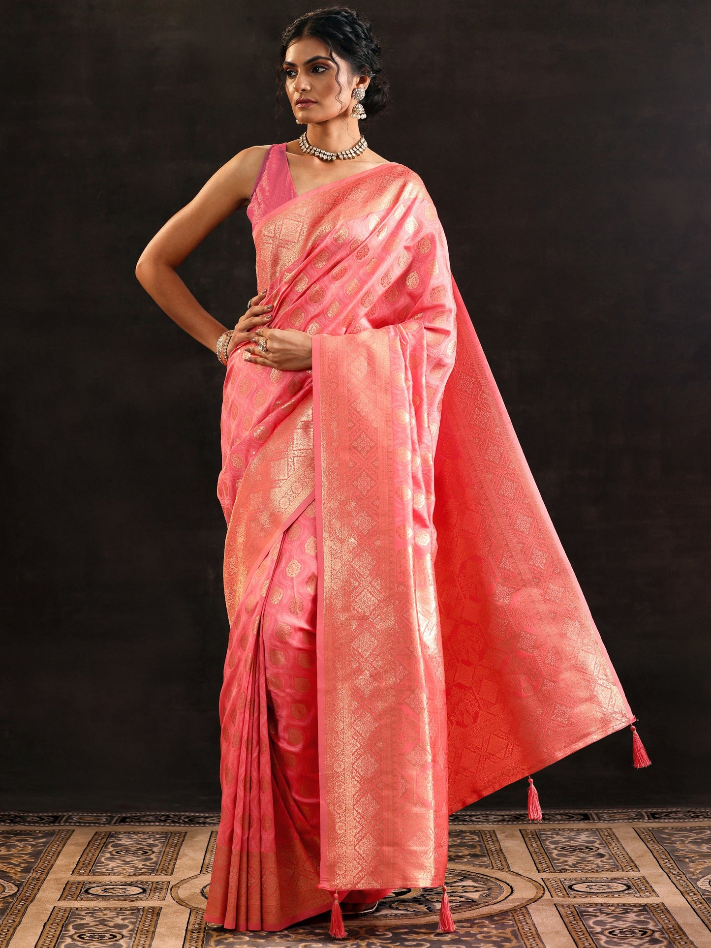 Peach Woven Design Banarasi Silk Blend Saree With Unstitched Blouse Piece