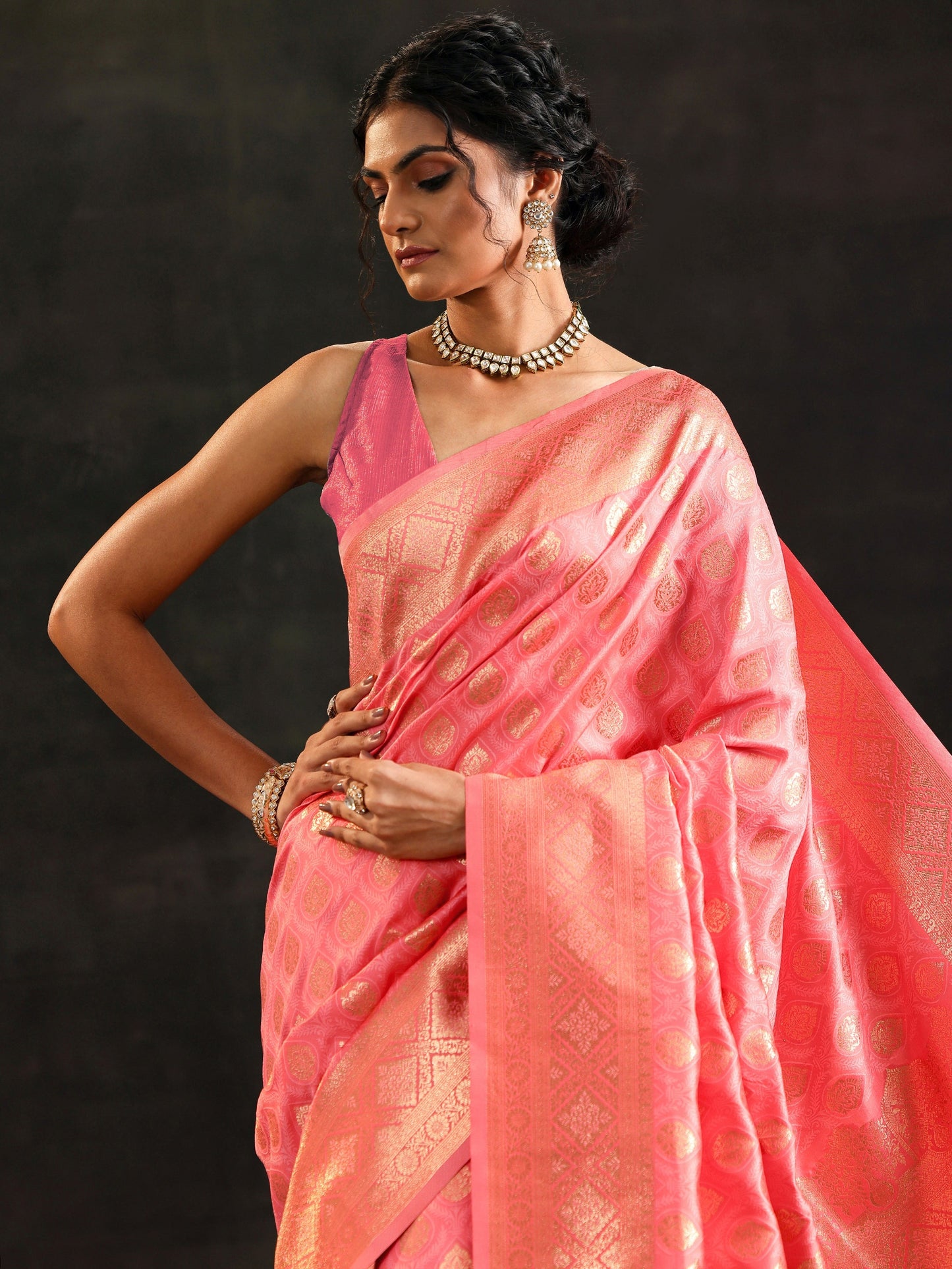 Peach Woven Design Banarasi Silk Blend Saree With Unstitched Blouse Piece
