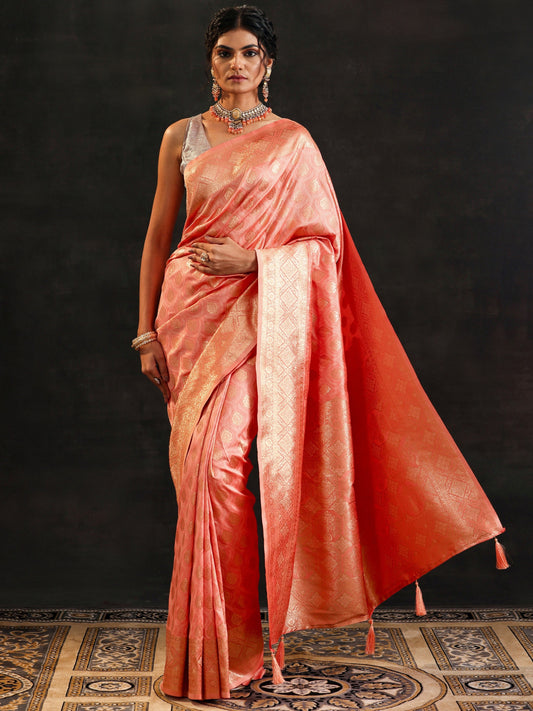 Peach Woven Design Banarasi Silk Blend Saree With Unstitched Blouse Piece
