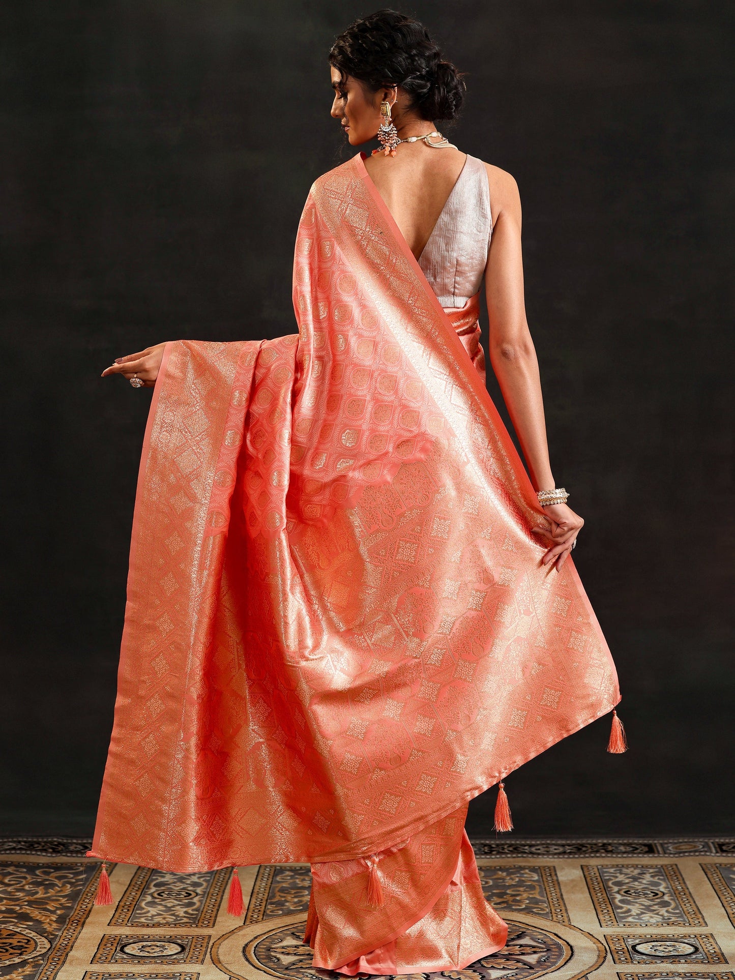 Peach Woven Design Banarasi Silk Blend Saree With Unstitched Blouse Piece