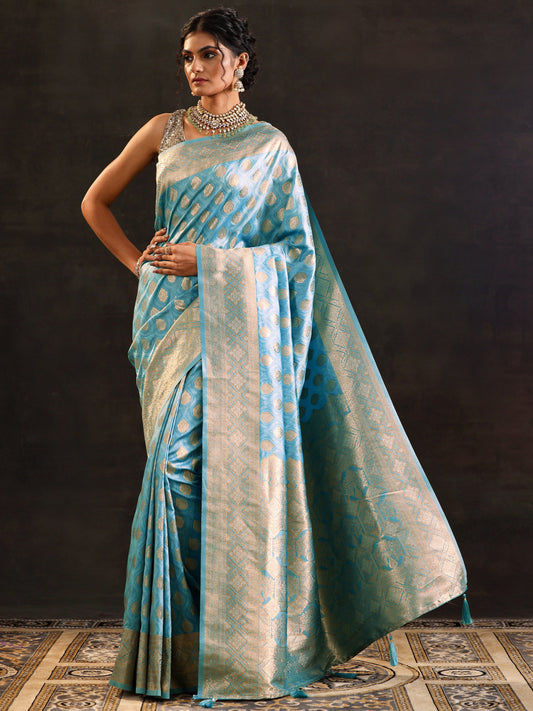 Blue Woven Design Silk Blend Saree With Unstitched Blouse Piece