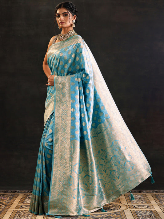 Blue Woven Design Silk Blend Saree With Unstitched Blouse Piece