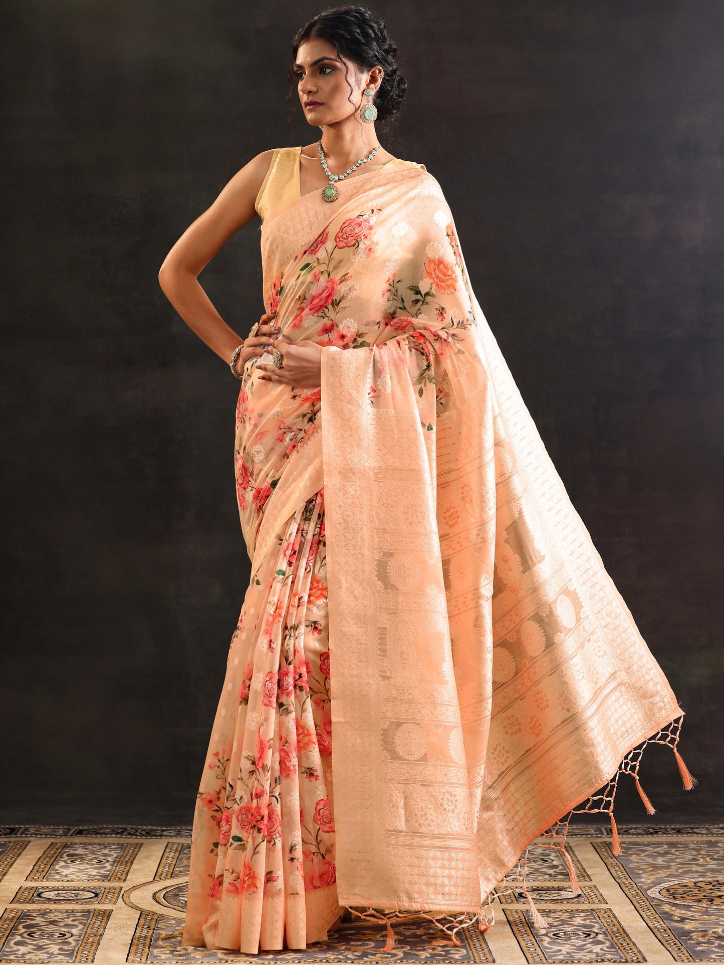 Peach Printed Chanderi Saree With Unstitched Blouse Piece