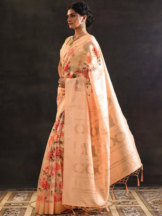 Peach Printed Chanderi Saree With Unstitched Blouse Piece