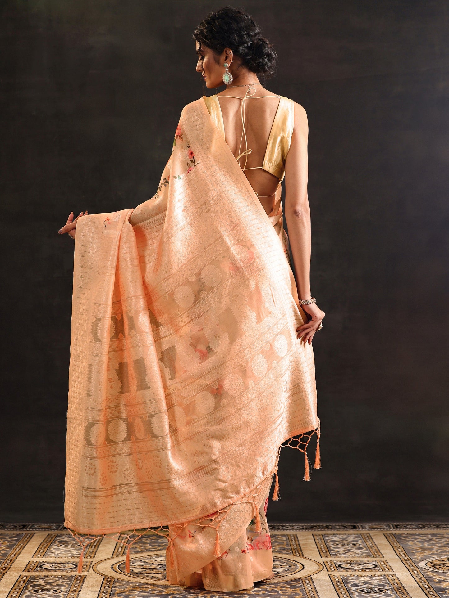 Peach Printed Chanderi Saree With Unstitched Blouse Piece