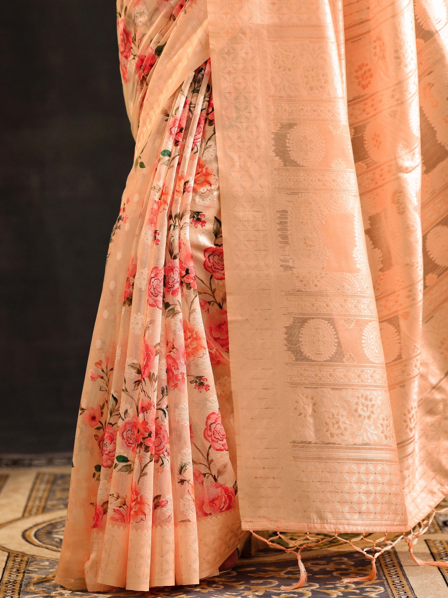 Peach Printed Chanderi Saree With Unstitched Blouse Piece
