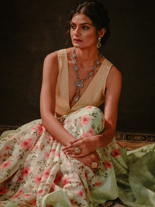 Green Printed Chanderi Saree With Unstitched Blouse Piece