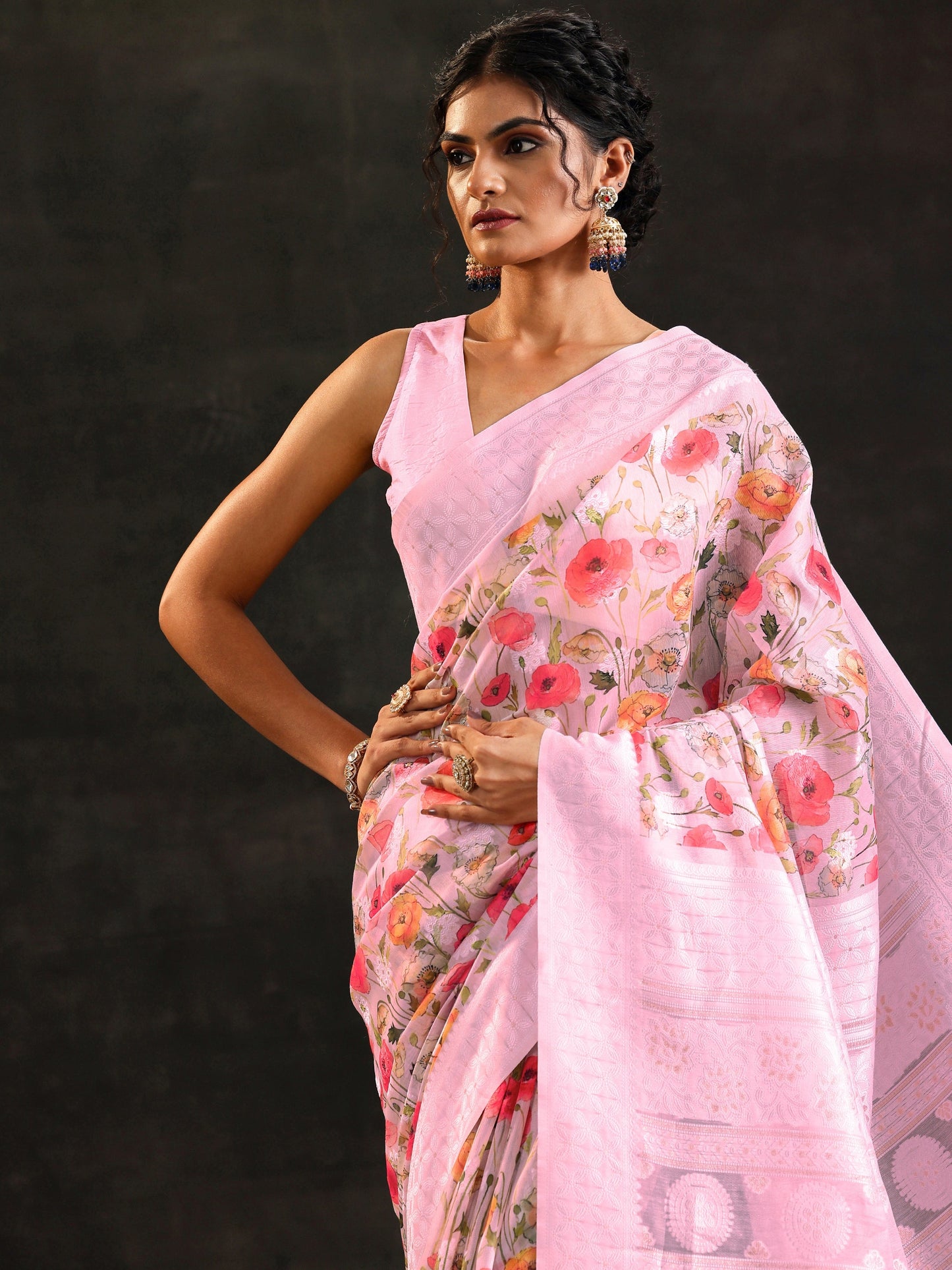 Pink Printed Chanderi Saree With Unstitched Blouse Piece