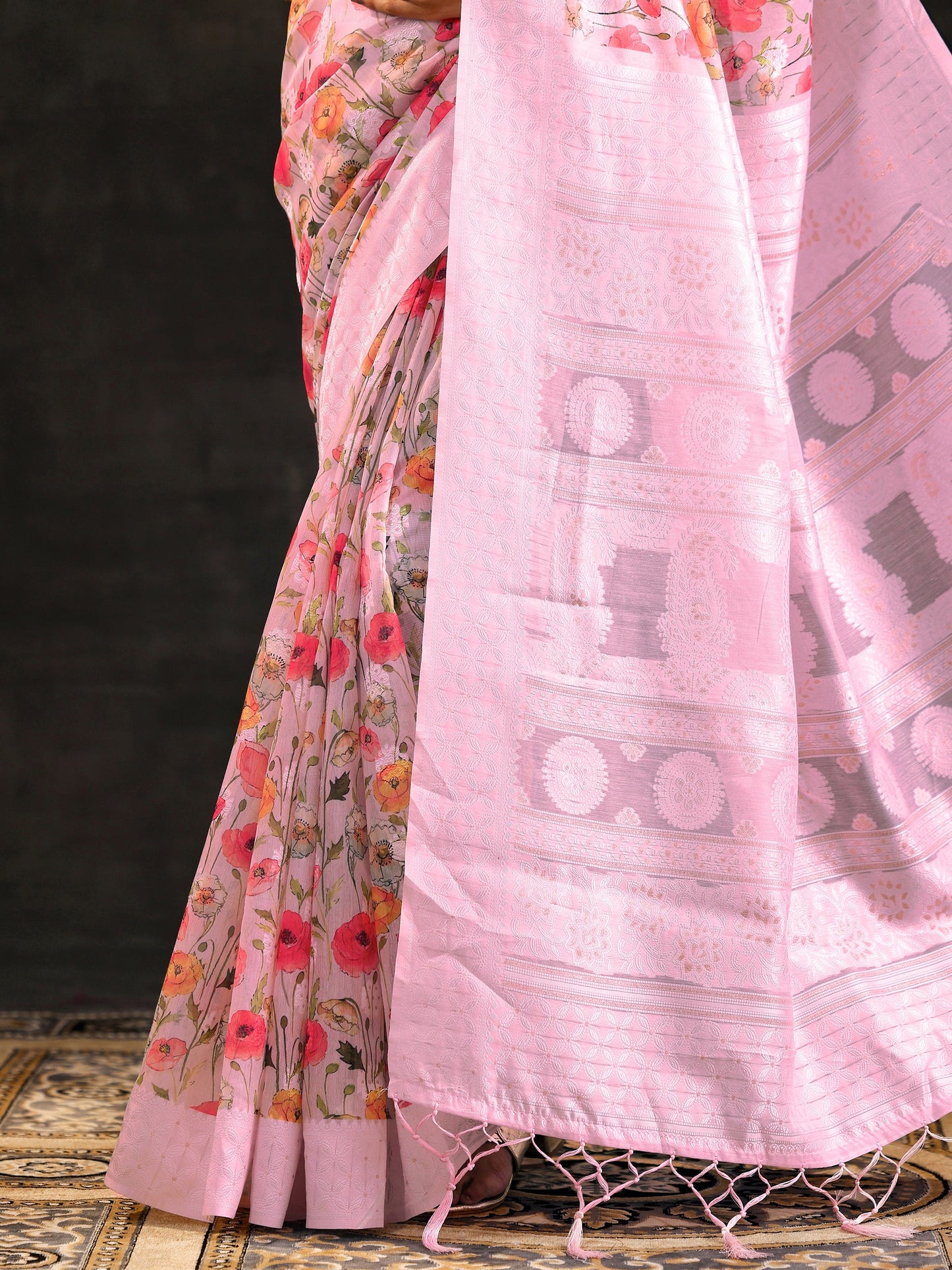 Pink Printed Chanderi Saree With Unstitched Blouse Piece