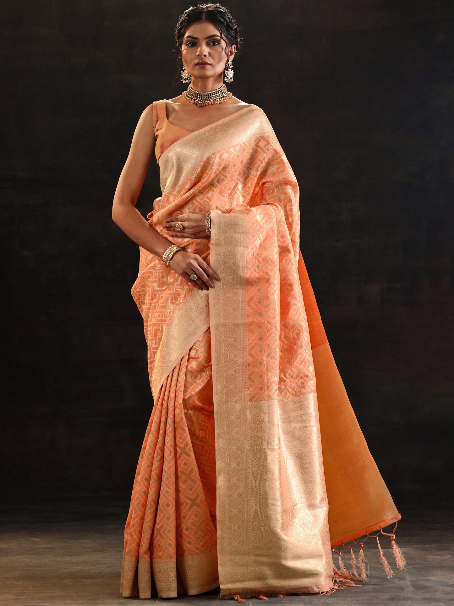 Orange Woven Design Banarasi Silk Blend Saree With Unstitched Blouse Piece