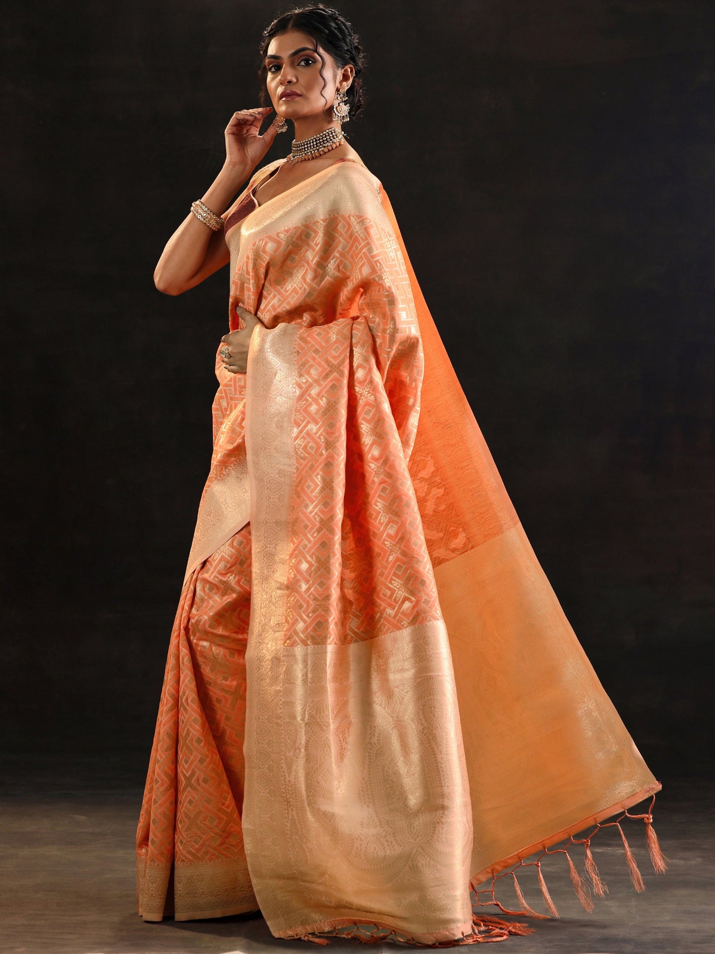 Orange Woven Design Banarasi Silk Blend Saree With Unstitched Blouse Piece