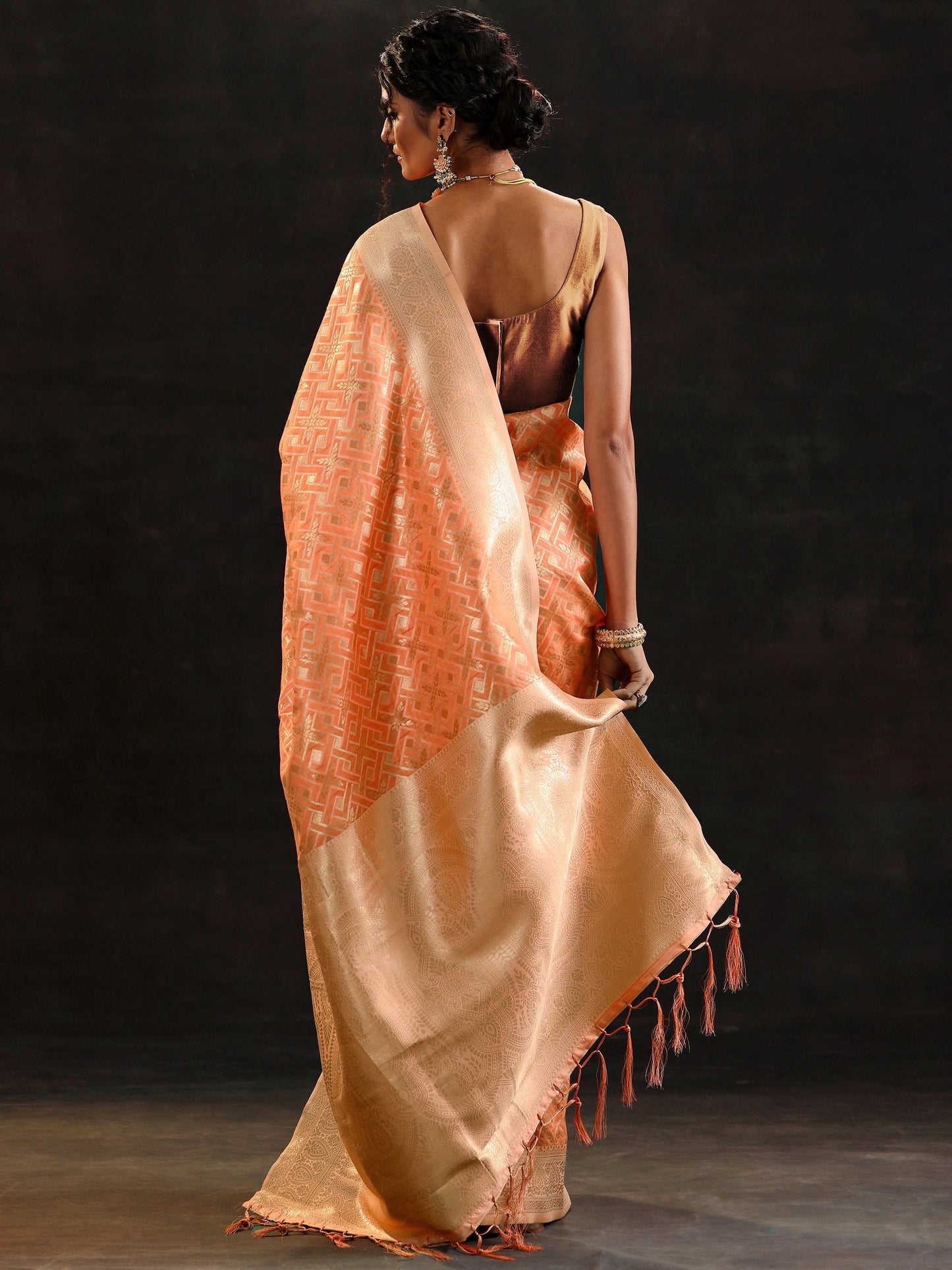 Orange Woven Design Banarasi Silk Blend Saree With Unstitched Blouse Piece