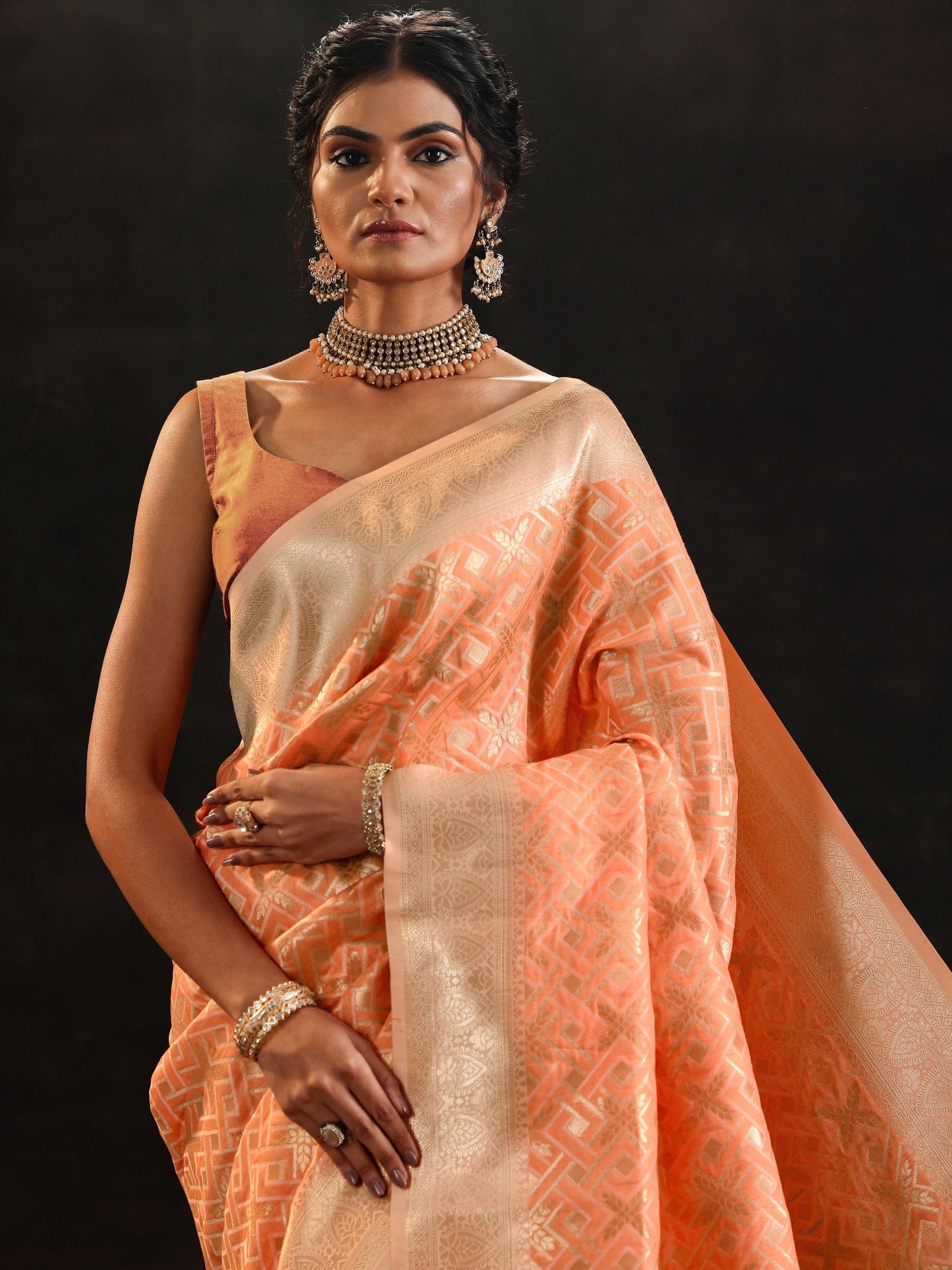 Orange Woven Design Banarasi Silk Blend Saree With Unstitched Blouse Piece