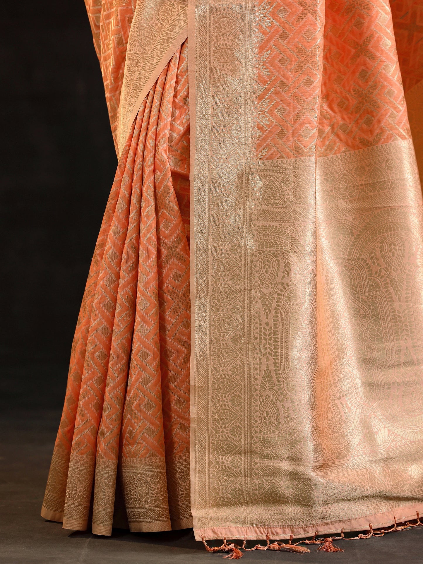 Orange Woven Design Banarasi Silk Blend Saree With Unstitched Blouse Piece