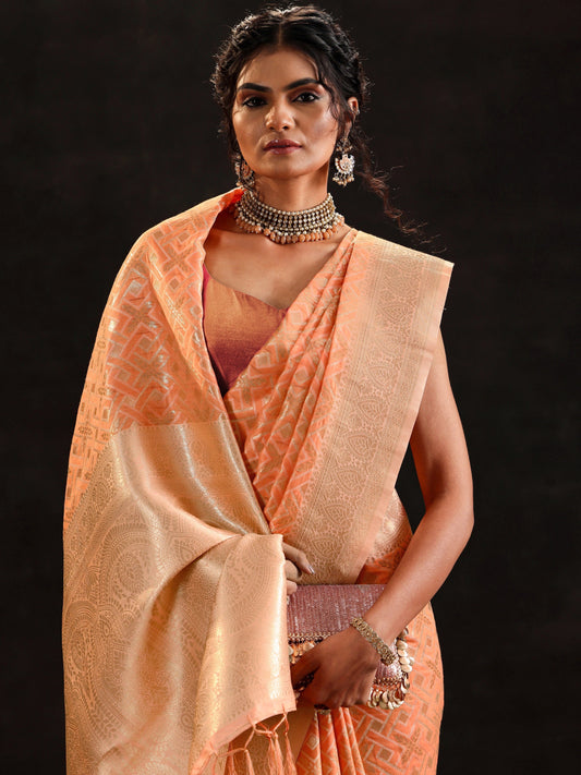 Orange Woven Design Banarasi Silk Blend Saree With Unstitched Blouse Piece