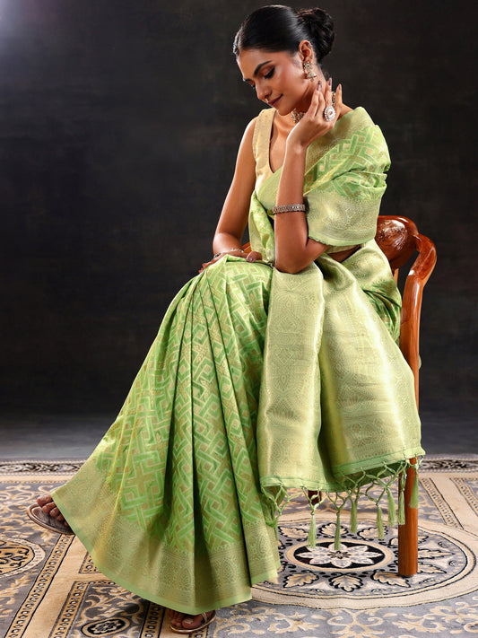 Green Woven Design Silk Blend Saree With Unstitched Blouse Piece