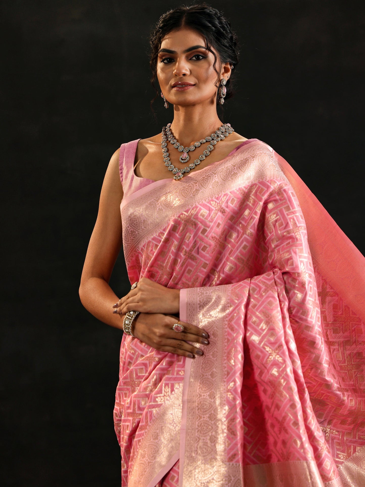 Pink Woven Design Silk Blend Saree With Unstitched Blouse Piece