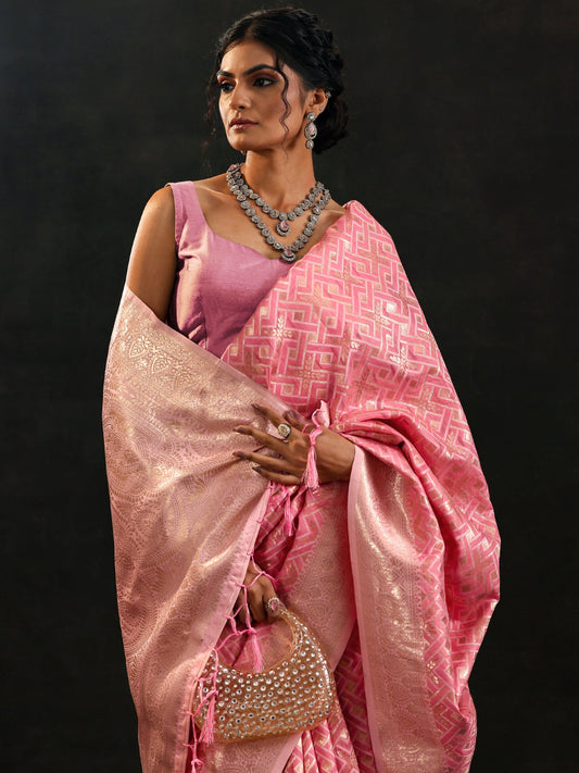 Pink Woven Design Silk Blend Saree With Unstitched Blouse Piece