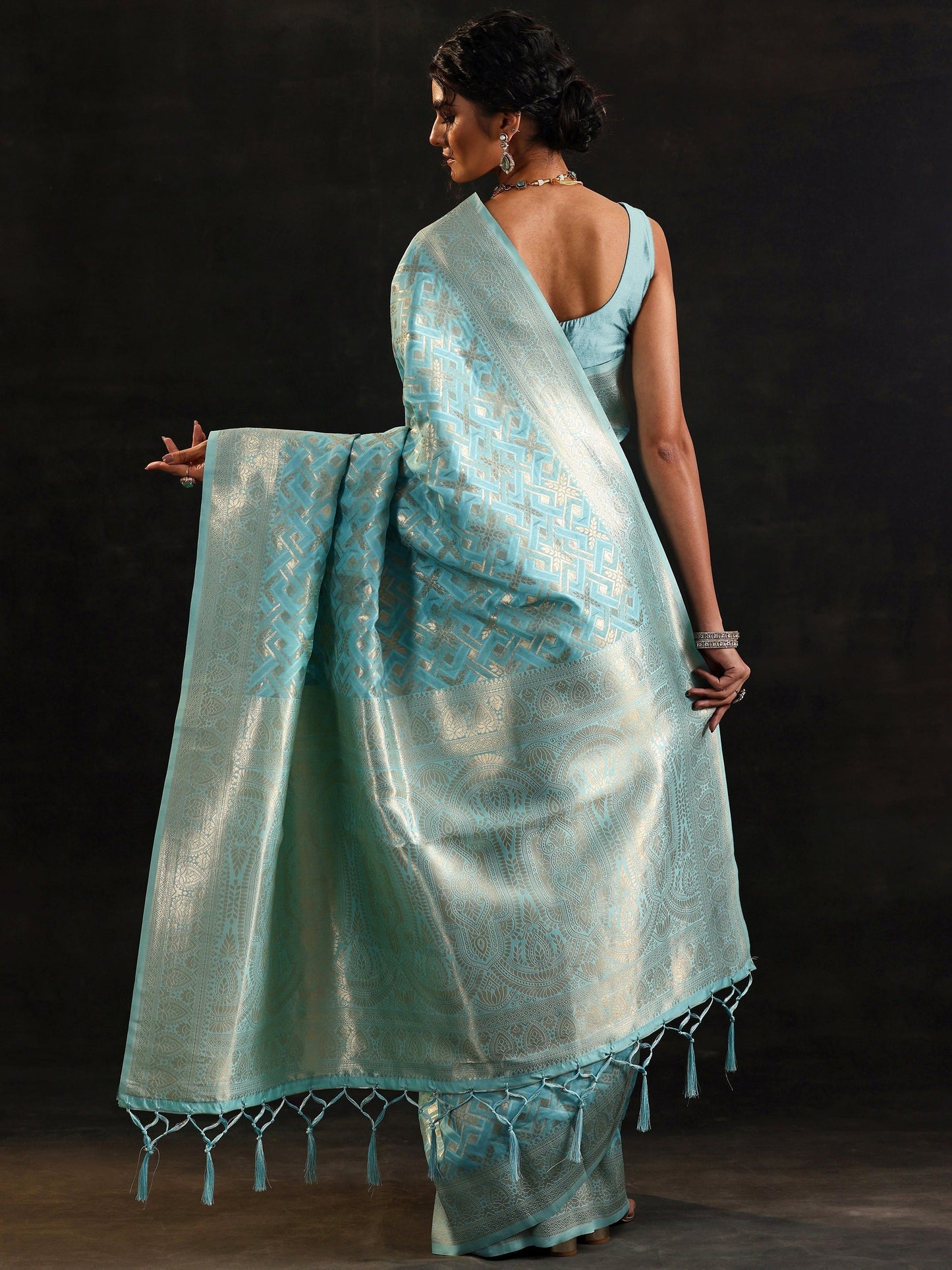Blue Woven Design Silk Blend Saree With Unstitched Blouse Piece