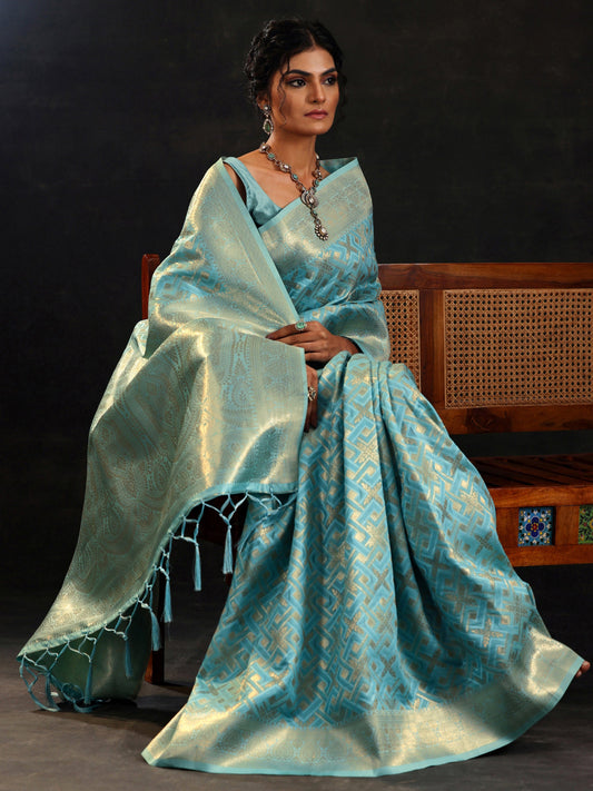 Blue Woven Design Silk Blend Saree With Unstitched Blouse Piece